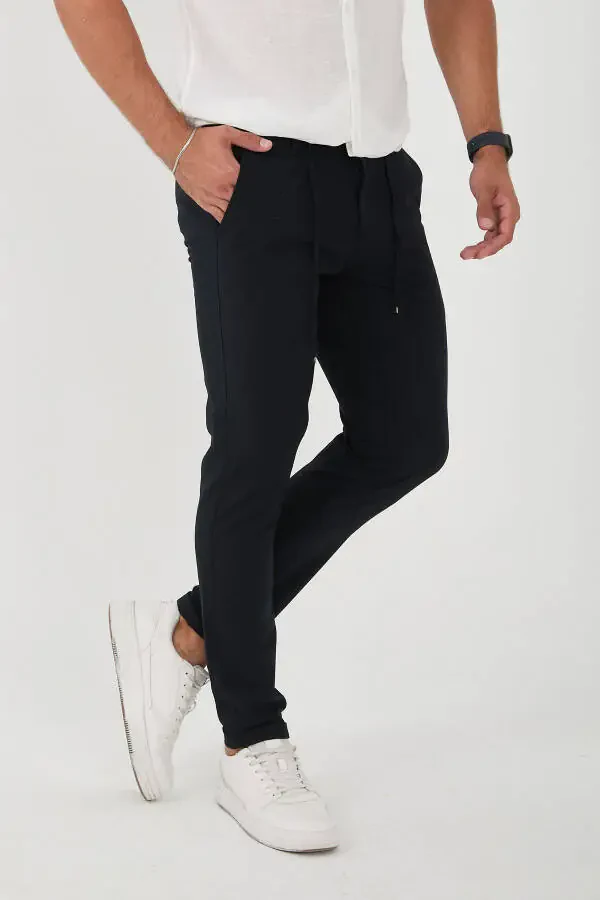 Men's Jogger Slim Fit Half Elastic Waist Double Leg Navy Fabric Pants - 3