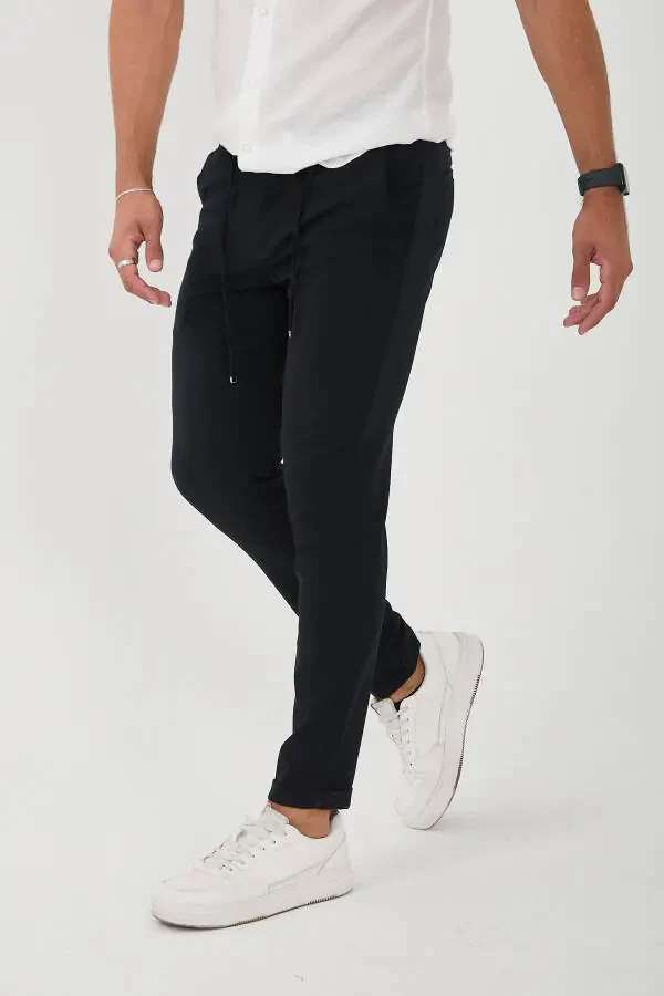 Men's Jogger Slim Fit Half Elastic Waist Double Leg Navy Fabric Pants - 4