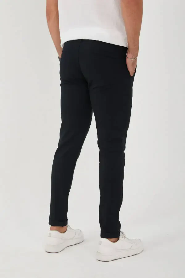 Men's Jogger Slim Fit Half Elastic Waist Double Leg Navy Fabric Pants - 5