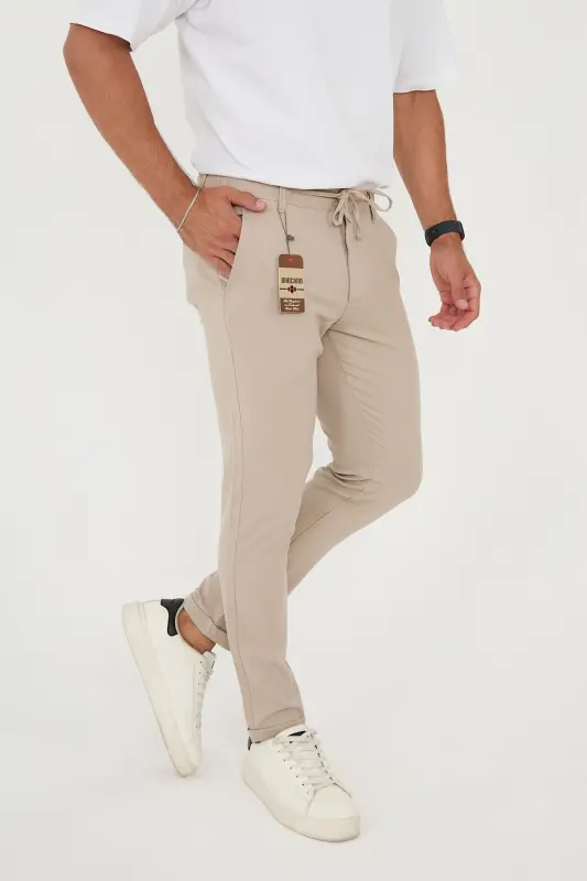 Men's Jogger Slimfit Half Elastic Waist Double Hem Beige Fabric Pants-Beige - 3