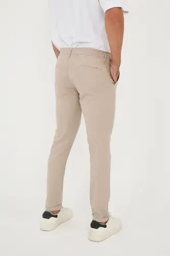 Men's Jogger Slimfit Half Elastic Waist Double Hem Beige Fabric Pants-Beige - 5