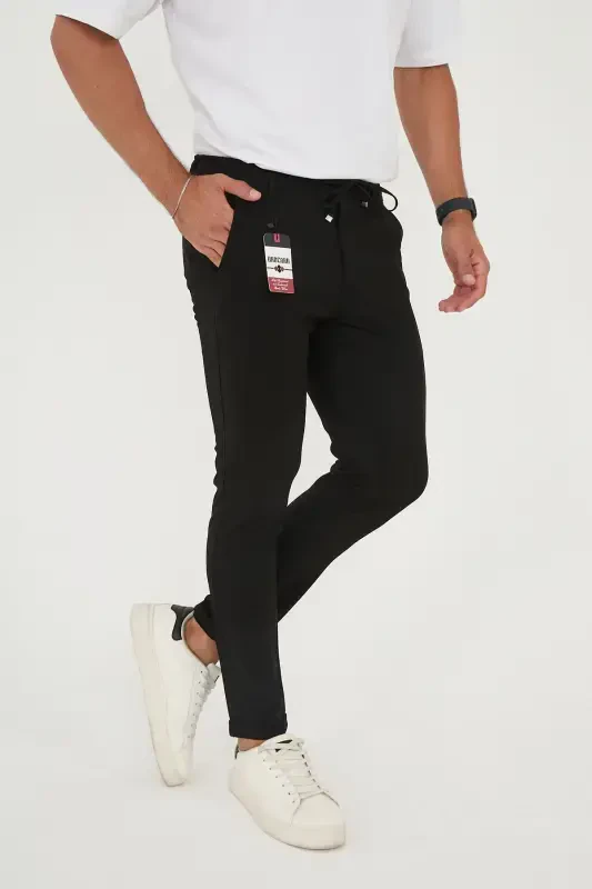 Men's Jogger Slimfit Half Elastic Waist Double Hem Black Fabric Pants-Black - 1