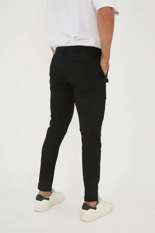 Men's Jogger Slimfit Half Elastic Waist Double Hem Black Fabric Pants-Black - 5