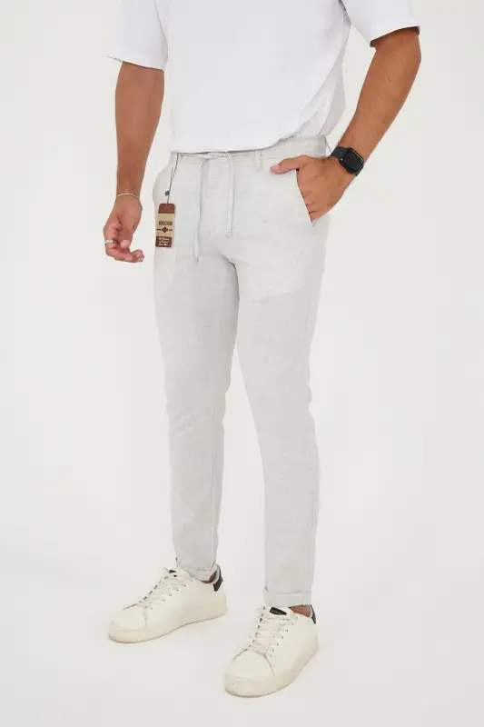 Men's Jogger Slimfit Half Elastic Waist Double Hem Light Gray Fabric Pants-LIGHT GRAY - 1