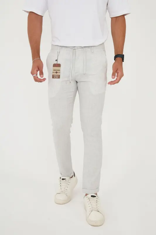 Men's Jogger Slimfit Half Elastic Waist Double Hem Light Gray Fabric Pants-LIGHT GRAY - 2