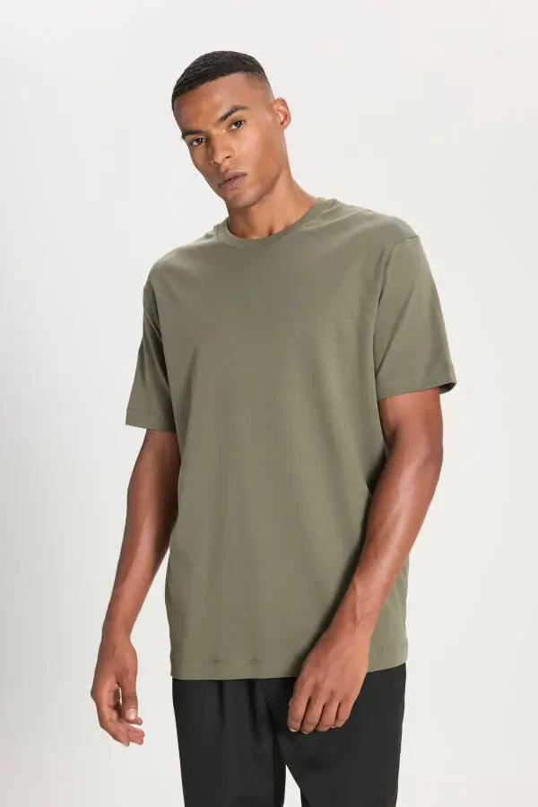 Men's Khaki 100% Cotton Modern Fit Regular Cut Crew Neck T-Shirt - 1