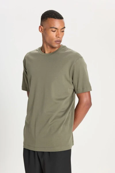 Men's Khaki 100% Cotton Modern Fit Regular Cut Crew Neck T-Shirt - 4