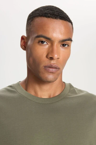 Men's Khaki 100% Cotton Modern Fit Regular Cut Crew Neck T-Shirt - 5