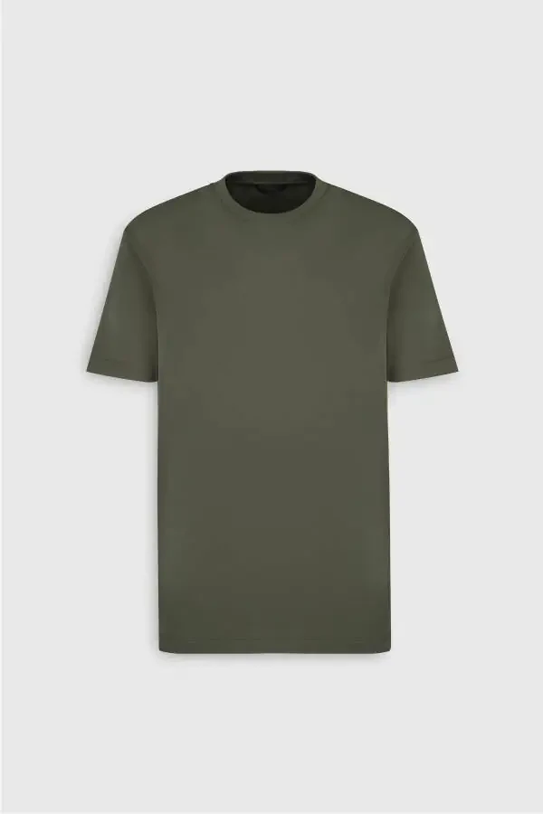Men's Khaki 100% Cotton Modern Fit Regular Cut Crew Neck T-Shirt - 7