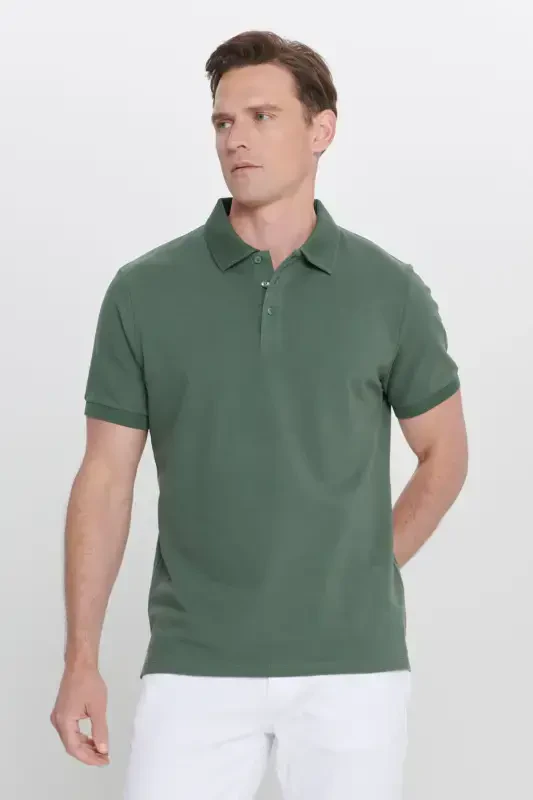 Men's Khaki 100% Cotton Non-Iron Pique Polo Collar Slim Fit Narrow Cut T-Shirt-Khaki - 2
