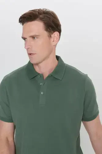 Men's Khaki 100% Cotton Non-Iron Pique Polo Collar Slim Fit Narrow Cut T-Shirt-Khaki - 5