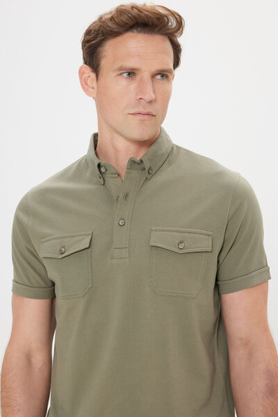 Men's Khaki 100% Cotton Slim Fit Polo Shirt - 4