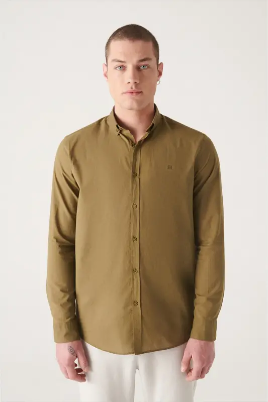 Men's Khaki 100% Cotton Slim Soft Touch Button-Down Collar Shirt E002206-Khaki - 1