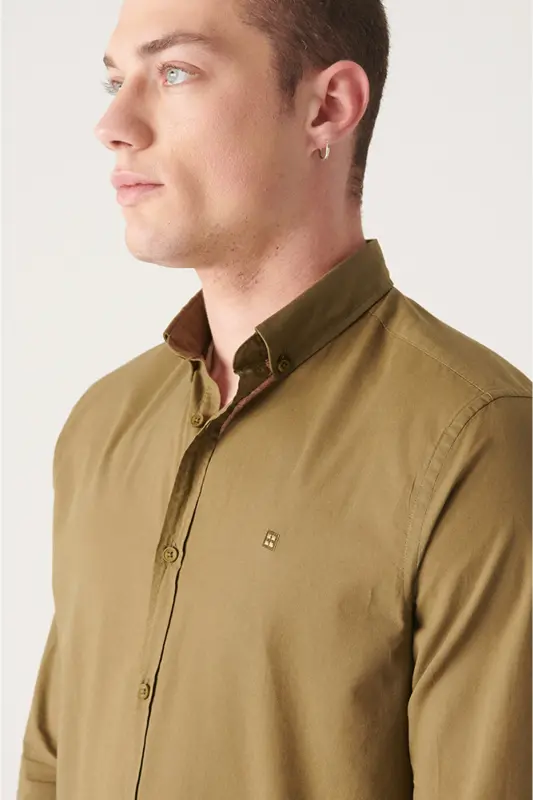 Men's Khaki 100% Cotton Slim Soft Touch Button-Down Collar Shirt E002206-Khaki - 2
