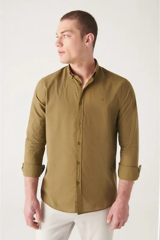 Men's Khaki 100% Cotton Slim Soft Touch Button-Down Collar Shirt E002206-Khaki - 3