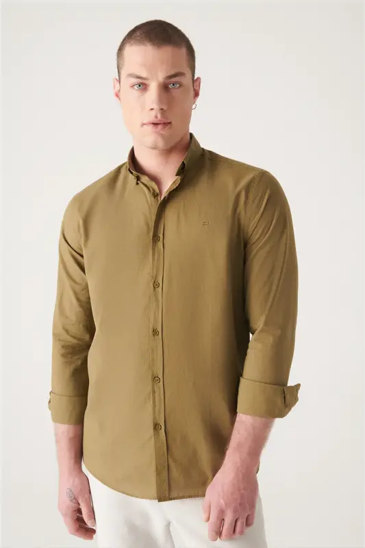 Men's Khaki 100% Cotton Slim Soft Touch Button-Down Collar Shirt E002206-Khaki - 5