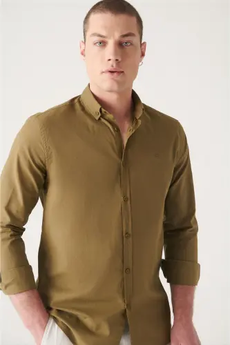 Men's Khaki 100% Cotton Slim Soft Touch Button-Down Collar Shirt E002206-Khaki - 6
