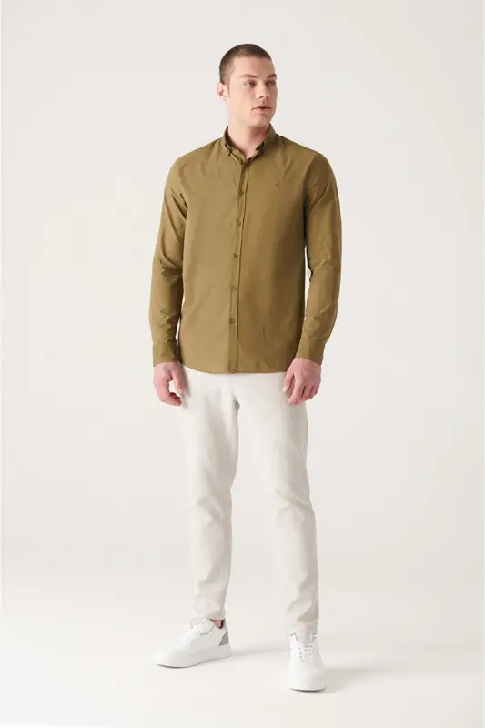 Men's Khaki 100% Cotton Slim Soft Touch Button-Down Collar Shirt E002206-Khaki - 7