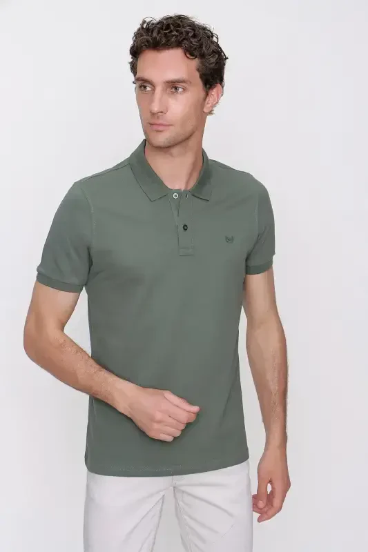 Men's Khaki Basic Plain 100% Cotton Slim Fit Short Sleeve Polo Neck T-shirt - MORVEN