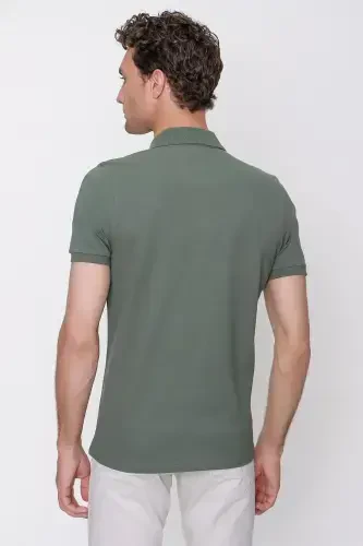 Men's Khaki Basic Plain 100% Cotton Slim Fit Short Sleeve Polo Neck T-shirt - 6