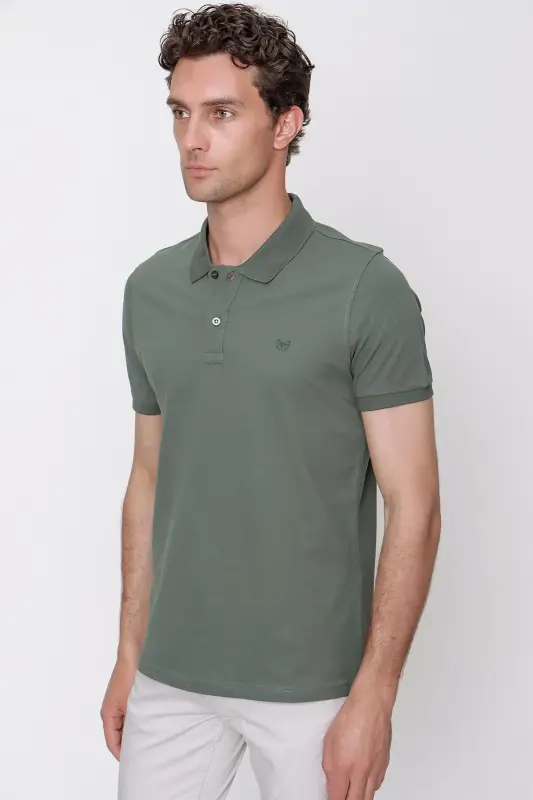 Men's Khaki Basic Plain 100% Cotton Slim Fit Short Sleeve Polo T-Shirt - 2