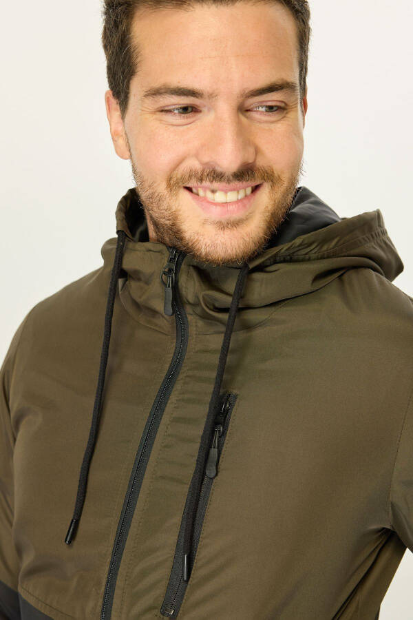 Men's Khaki-Black Two-Tone Lined Waterproof Hooded Pocket Raincoat-Windbreaker - 11