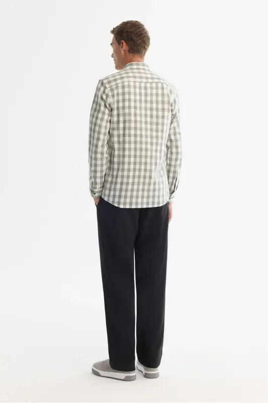 Men's Khaki Button-Down Collar 100% Cotton Plaid Shirt - 4