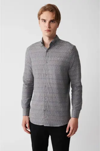 Men's Khaki Button-Down Collar Printed Stretch Cotton Slim Fit Shirt A32y2145 - 1