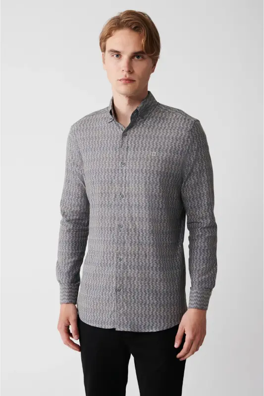 Men's Khaki Button-Down Collar Printed Stretch Cotton Slim Fit Shirt A32y2145 - 1