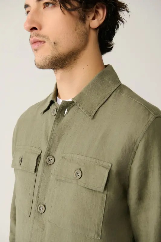 Men's Khaki Classic Collar 100% Linen Shirt A41y2087-Khaki - 2