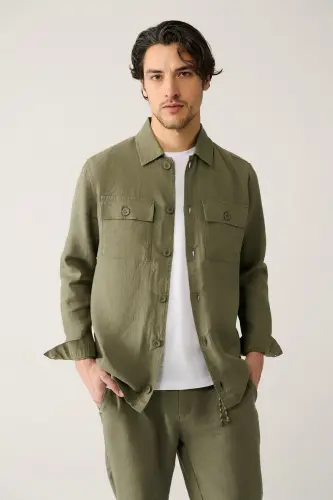 Men's Khaki Classic Collar 100% Linen Shirt A41y2087-Khaki - 3