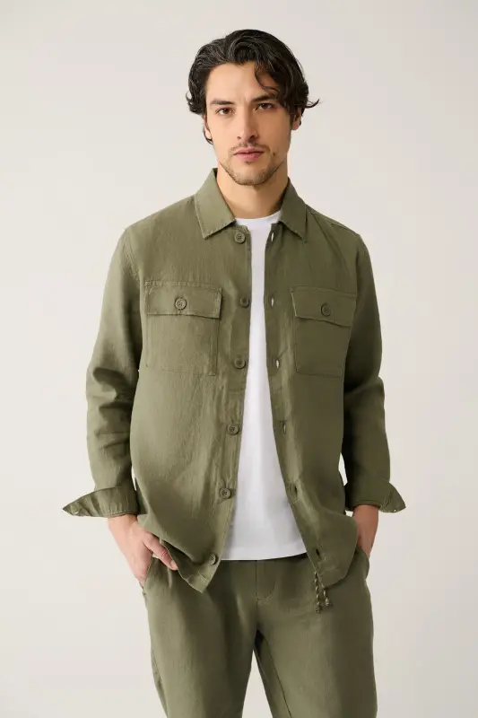 Men's Khaki Classic Collar 100% Linen Shirt A41y2087-Khaki - 3