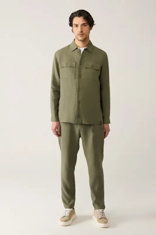 Men's Khaki Classic Collar 100% Linen Shirt A41y2087-Khaki - 5