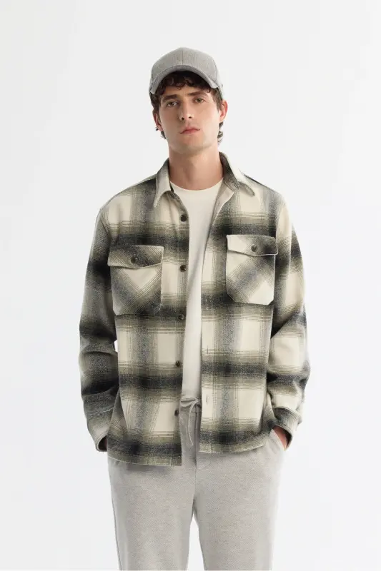 Men's Khaki Classic Collar Plaid Wool Shirt Jacket - 1