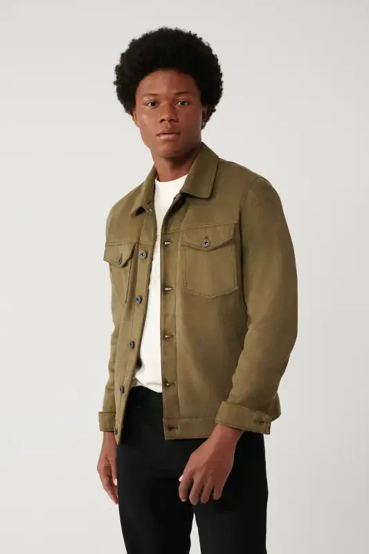 Men's Khaki Classic Collar Suede Look Pocketed Jacket A41Y6011-Khaki - AVVA
