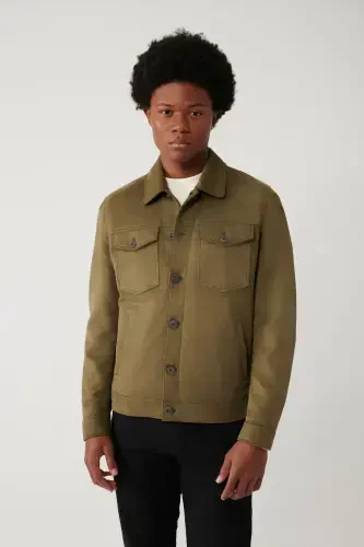 Men's Khaki Classic Collar Suede Look Pocketed Jacket A41Y6011-Khaki - 3