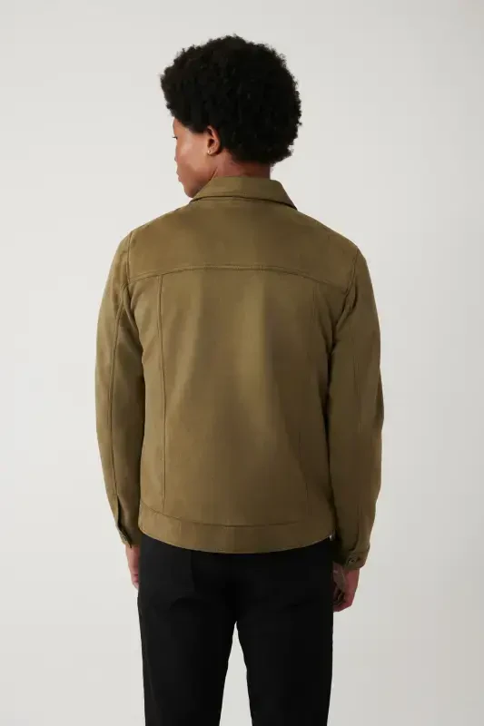 Men's Khaki Classic Collar Suede Look Pocketed Jacket A41Y6011-Khaki - 4