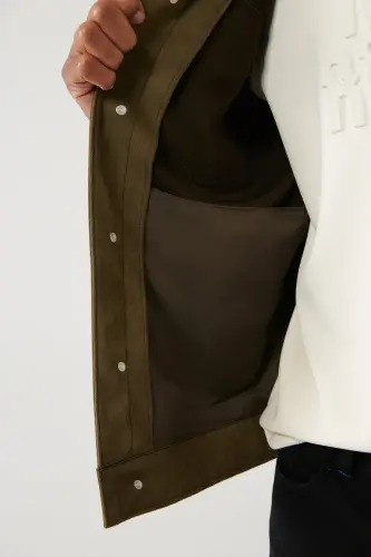 Men's Khaki Classic Collar Suede Look Pocketed Jacket A41Y6011-Khaki - 5