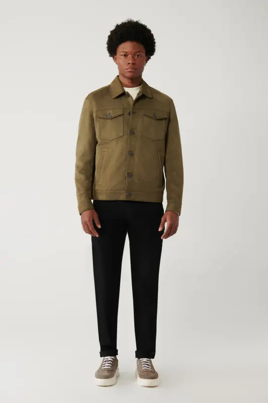 Men's Khaki Classic Collar Suede Look Pocketed Jacket A41Y6011-Khaki - 6