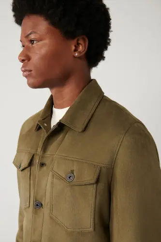 Men's Khaki Classic Collar Suede Look Pocketed Jacket A41Y6011-Khaki - 3