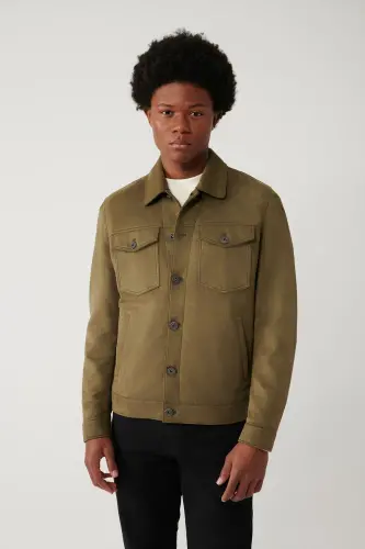 Men's Khaki Classic Collar Suede Look Pocketed Jacket A41Y6011-Khaki - 4