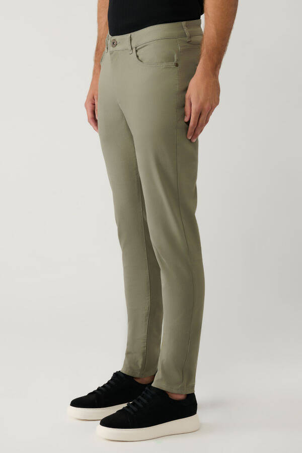 Men's Khaki Classic Waistband Armoured Blended 5 Pocket Perge Slim Fit Trousers A41Y3071 - 3