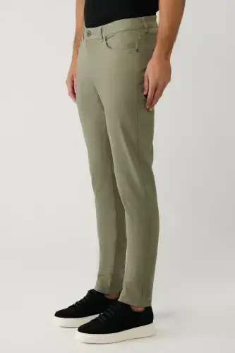 Men's Khaki Classic Waistband Armoured Blended 5 Pocket Perge Slim Fit Trousers A41Y3071 - 3