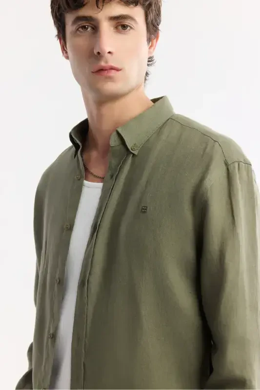 Men's Khaki Comfort Fit 100% Linen Button-Down Collar Shirt B002191-Khaki - 2