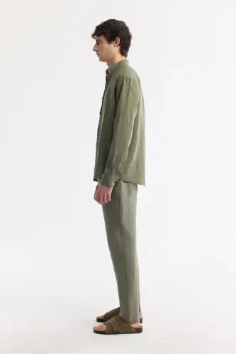 Men's Khaki Comfort Fit 100% Linen Button-Down Collar Shirt B002191-Khaki - 3