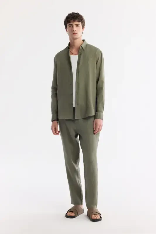 Men's Khaki Comfort Fit 100% Linen Button-Down Collar Shirt B002191-Khaki - 5