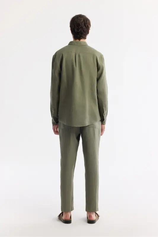 Men's Khaki Comfort Fit 100% Linen Button-Down Collar Shirt B002191-Khaki - 3