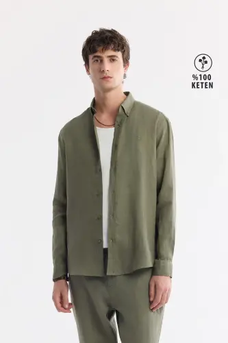 Men's Khaki Comfort Fit 100% Linen Button-Down Collar Shirt B002191-Khaki 