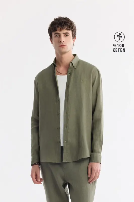 Men's Khaki Comfort Fit 100% Linen Button-Down Collar Shirt B002191-Khaki - 1