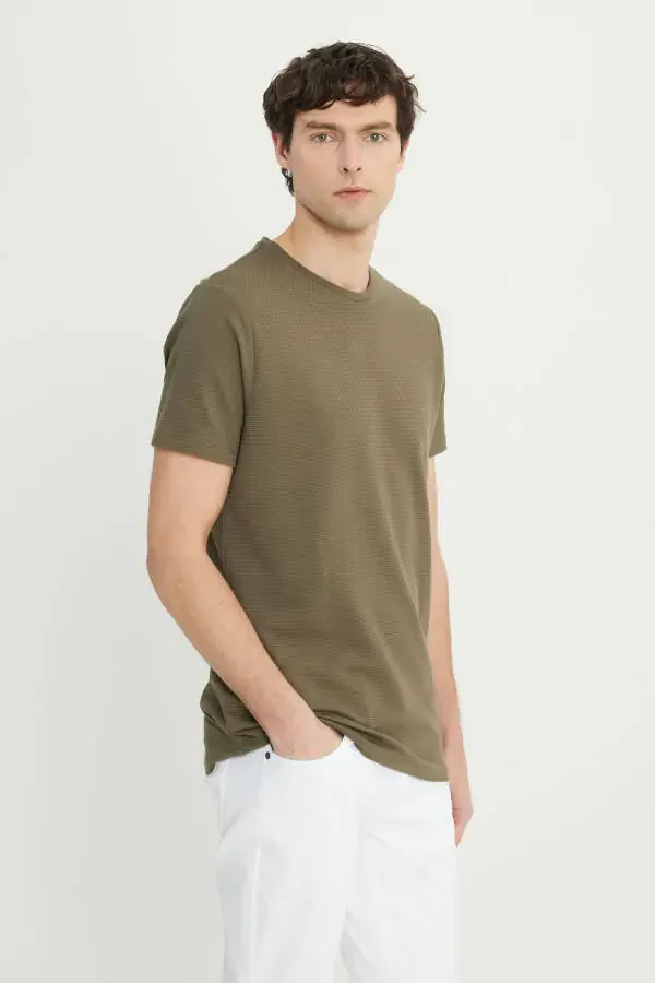 Men's Khaki Cotton Slim Fit Henley - 3